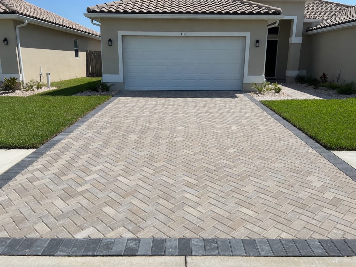Driveway — front view before modern paver sealing — dry matte multi-tone surface